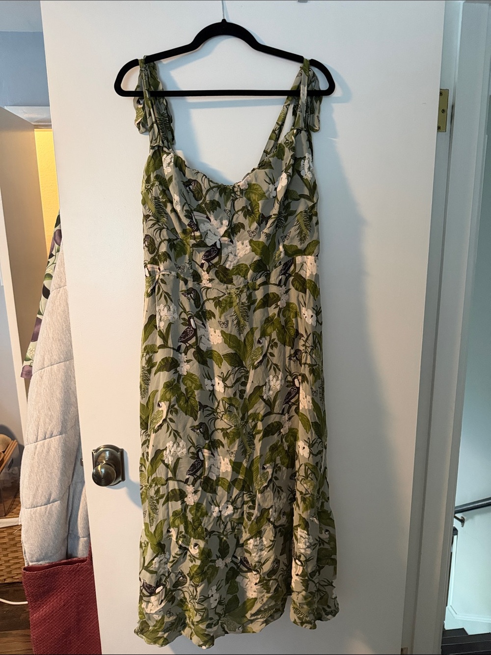 Reformation Olive Green and White Floral Tie-Shoulder Midi Dress